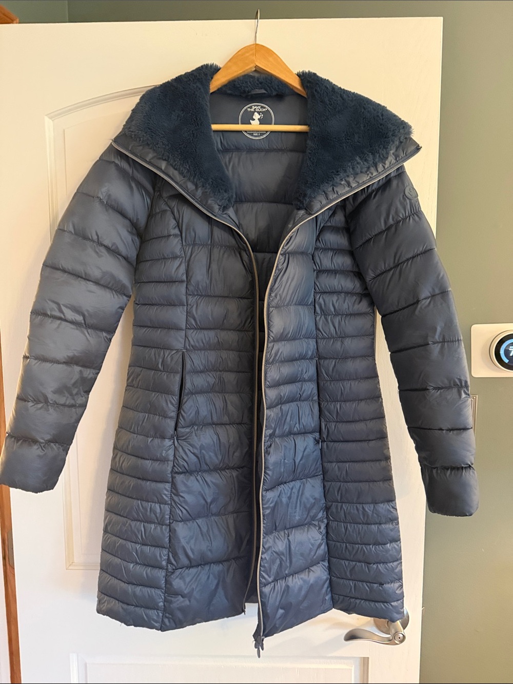 Save the Duck Long Quilted Puffer Coat with Faux Fur Collar size “2” .  (Medium)